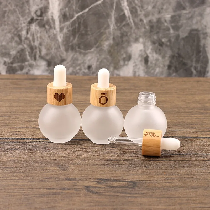 100pcs/lots Lovely Frosted Glass Ball-Shaped Dropper Bottle 20ml Essential Oil Jar with Bamboo Lid for Skin Care Serum