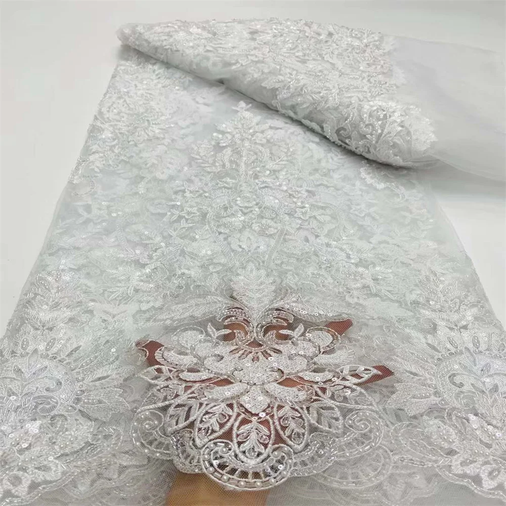 High Quality African Handmade Beaded Lace Fabirc Nigreian Embroidery Sequins Lace Fabric Women Wedding Dress FD1159