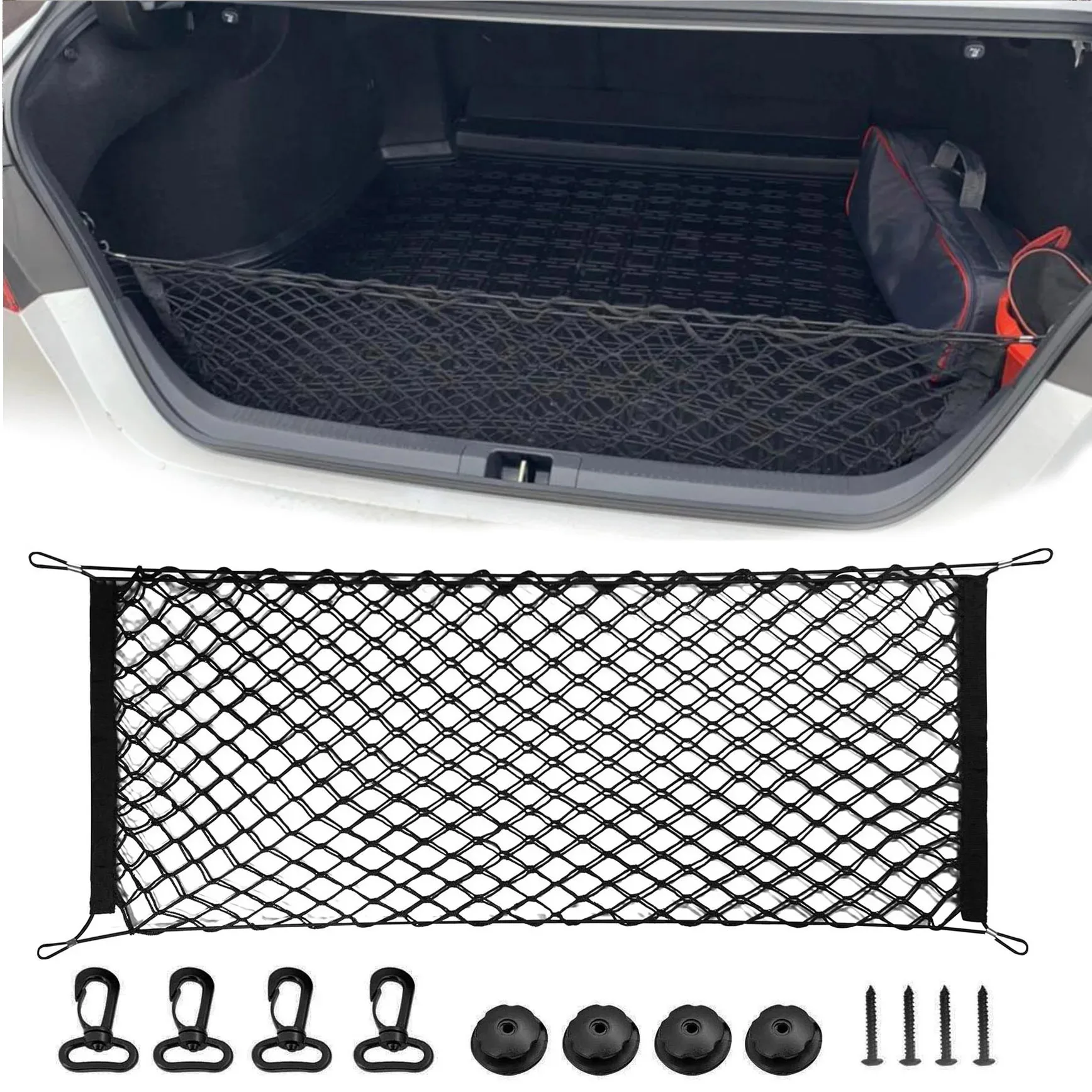 Rede elástica traseira para armazenamento de porta-malas de carro, malha de nylon 90x30 cm/40x110 cm, suporte de rede com 4 bolsos de ganchos de plástico