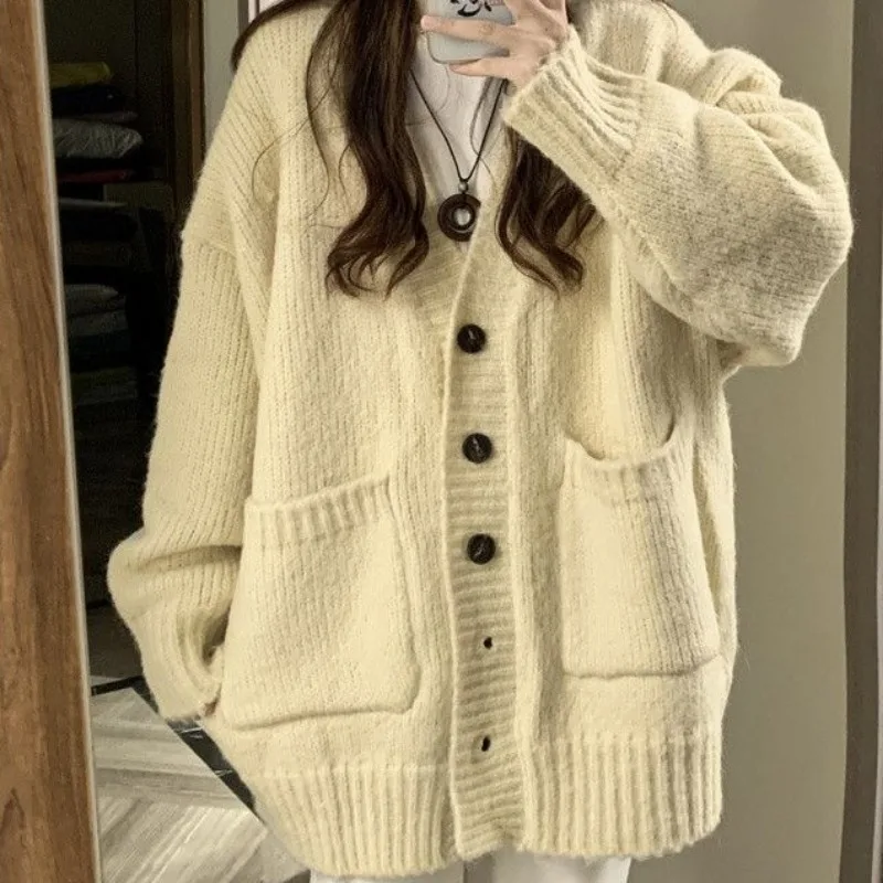 2023 New Lazy Style Retro Thickened Warm Sweater Cardigan Women Autumn Winter Loose Casual Versatile Hairy Knitted Shirt Coat