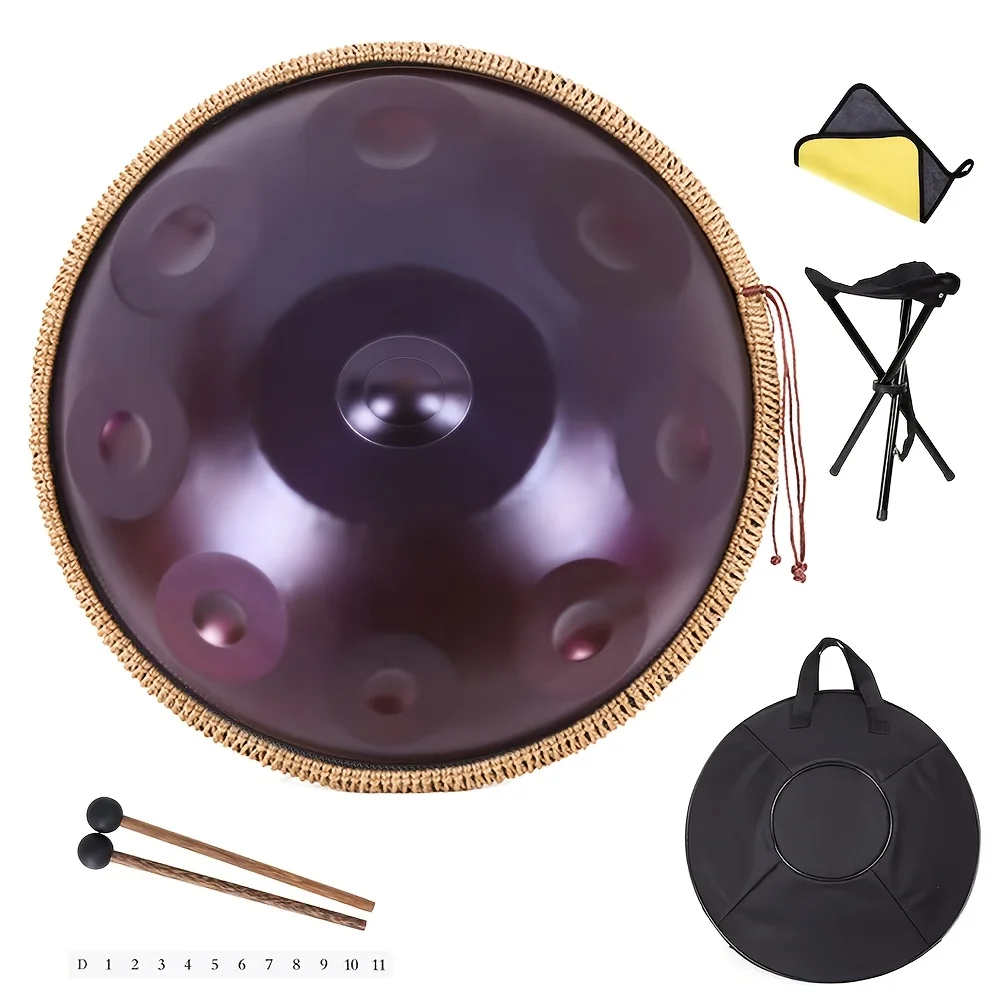 

22-inch D minor handpan drum set - Professional 9/12-tone percussion instrument, with carrying bag, stand, cleaning cloth