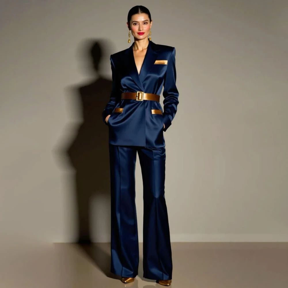 Evening Women's Suits Luxury Belt 2 Piece Jacket Pants Formal Party Regular Length Female Clothing High Quality Outfits