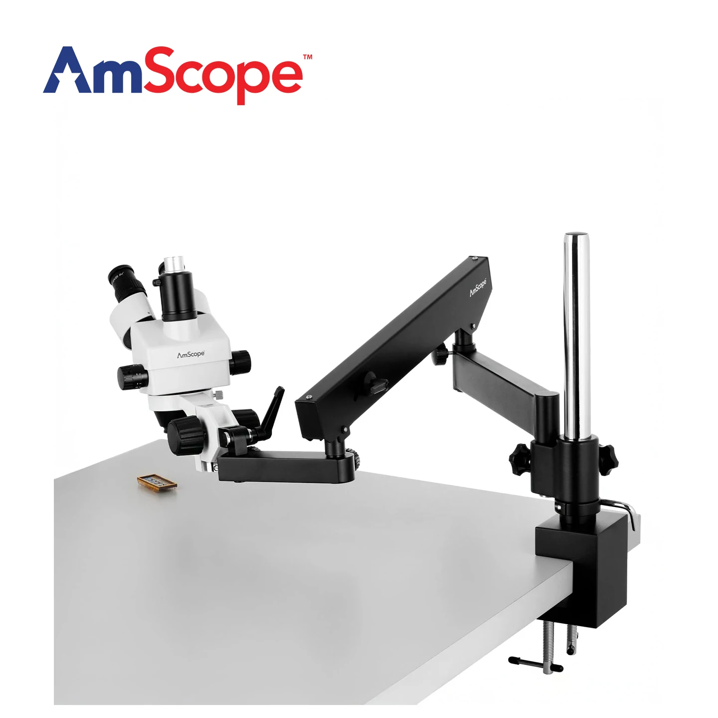 AmScope SM-8T Series Simul-Focal Zoom Stereo Microscope on Articulating Arm With 144-LED