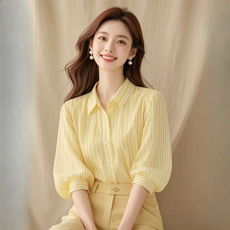 

Vintage Women's Blouses Korean Stripes Shirts FASHION Loose Spring/Summer YELLOW Clothing Printed Short Sleeves Women Tops