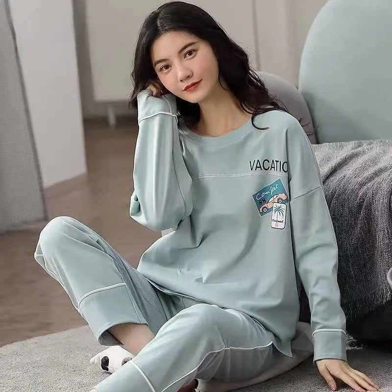 2024 New Cotton Pajamas Women Long-sleeved Trousers Suit Loose Plus Size Spring Summer Thin Home Clothes