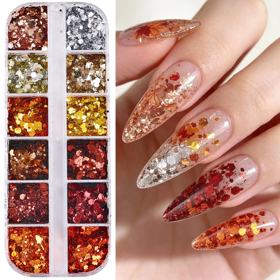 12 Grids Autumn Winter Fall Coffee Brown Nail Glitter Sequins Mixed Hexagon Flakes Manicure Charms Nail Art Decor Nail Supplies
