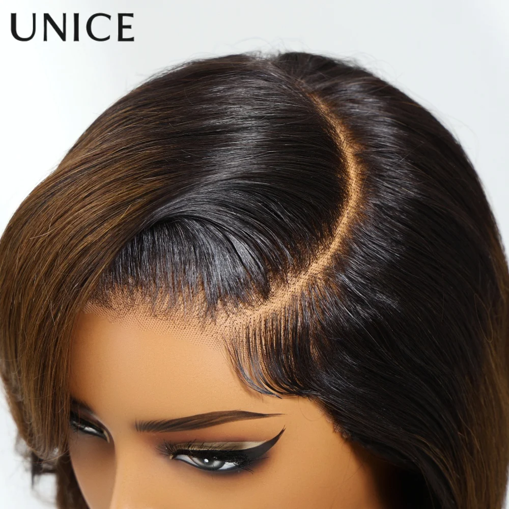 วิกผมบ๊อบสีน้ำตาลอ่อนแบบมีแสกข้าง ยี่ห้อ UNice ทำจากผมแท้ พร้อมโคนสีดำ  แบบมีเชือกผูก  ขนาด 7x5  ผ้าลูกไม้  ตัดแต่งทรงแล้ว  ฟอกสีแล้ว  ไม่ต้องใช้กาว  ความหนาแน่น 150%