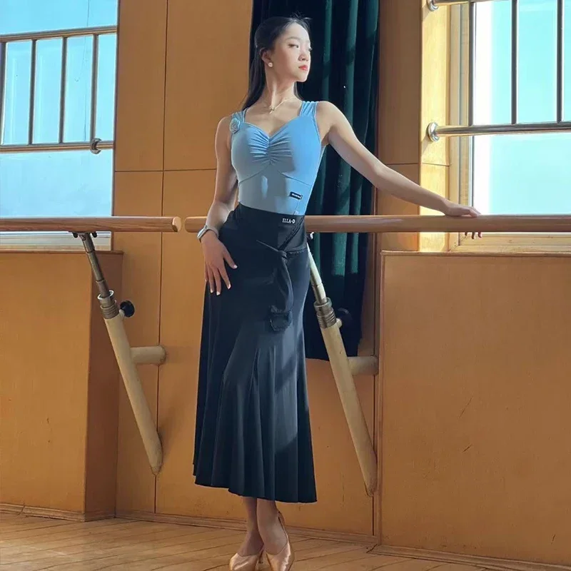 Ballroom Dance Clothes Women Sleeveless Flower Tops Black Ballroom Skirt Adult Latin Performance Costume Waltz Dresses DNV17958