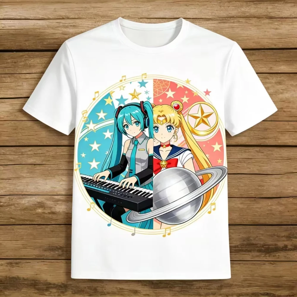 2026 Hatsune Miku Sailor Moon Collab Print T-shirt Cute Anime Short Sleeve Cotton Tees Oversized Casual Shirts Men Women Kids