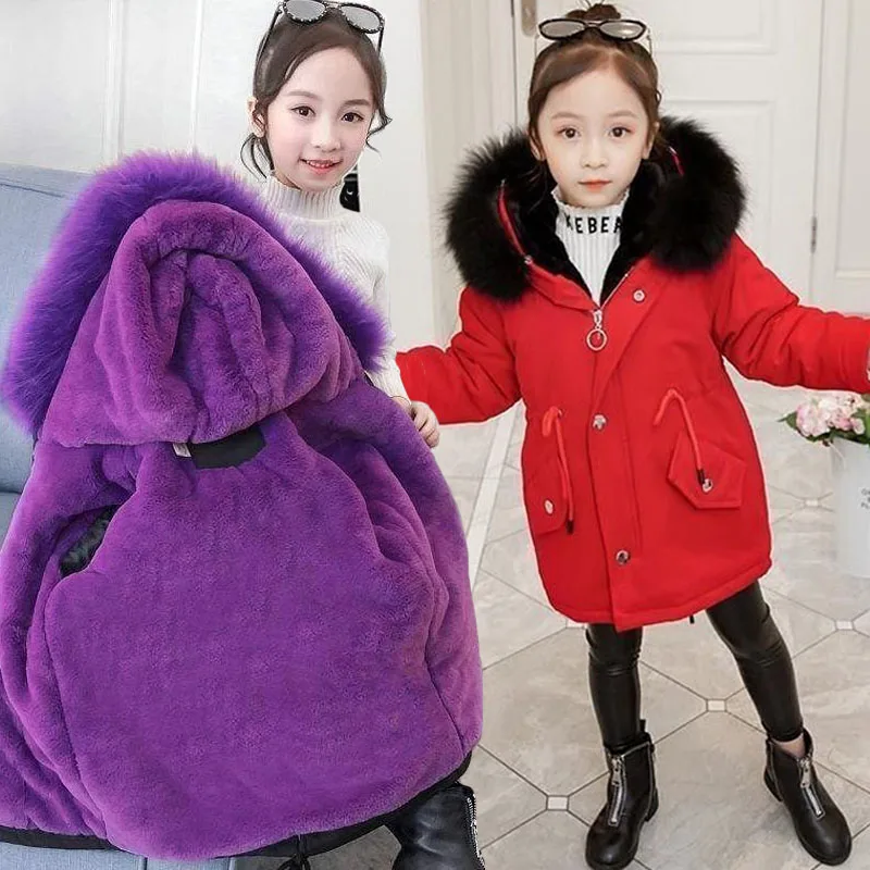 

2022 Winter Girls Pike Jacket Solid Color Plus Velvet Thicken Keep Warm Big Fur Collar Hooded Down Cotton Windbreaker For 4-14Y