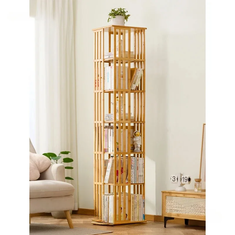 Chinese Simple Bookcase for Study 360° Rotating Layered Storage Bookcases Creative Bamboo Rotating Bookcase for Living Room