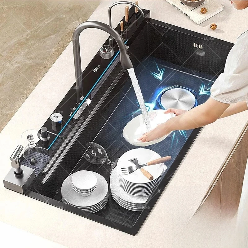 Stainless Steel Waterfall Kitchen Sink Digital Display Multifunctional Kitchen Sinks Large Single Slot Multiple Types Of Sinks