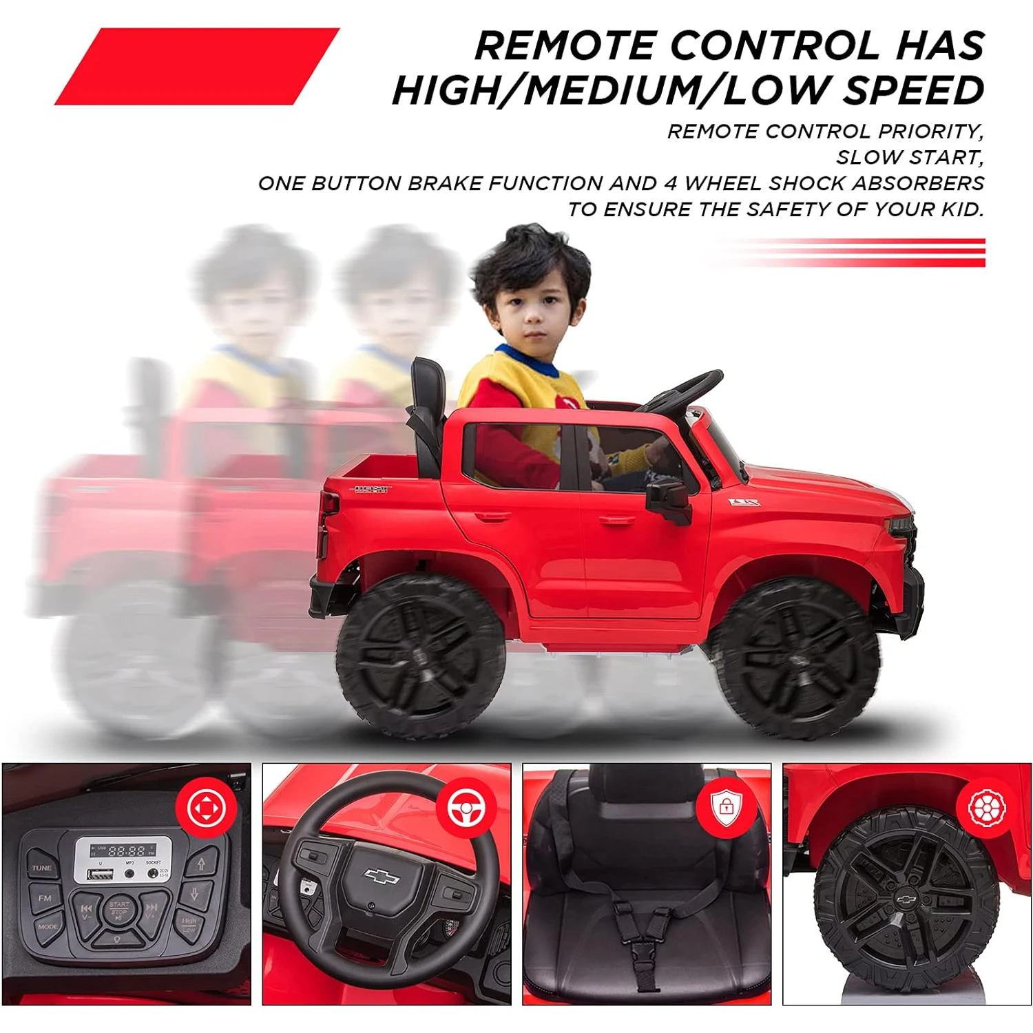 12V Electric Ride-On Truck w/Parent Remote Control, Bluetooth Speaker, LED Lights, Truck Bed Storage Battery Powered Car