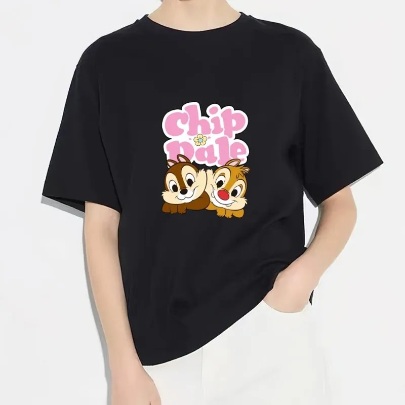 MINISO Disney Chip 'n' Dale T Shirt wanita pasangan kombinasi pakaian lengan pendek kerah Fashion pria katun