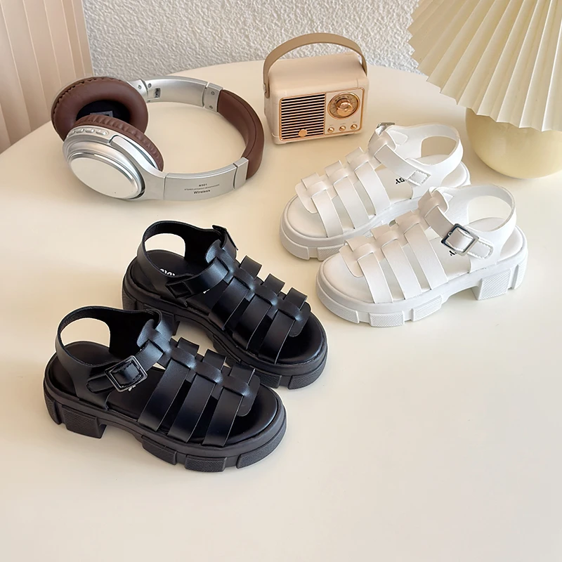 Girl's Summer Sandals Platform Pu Leather Hollow-out Kids Sliders Open Toe Black White Anti-slippery Stylish Children Shoes