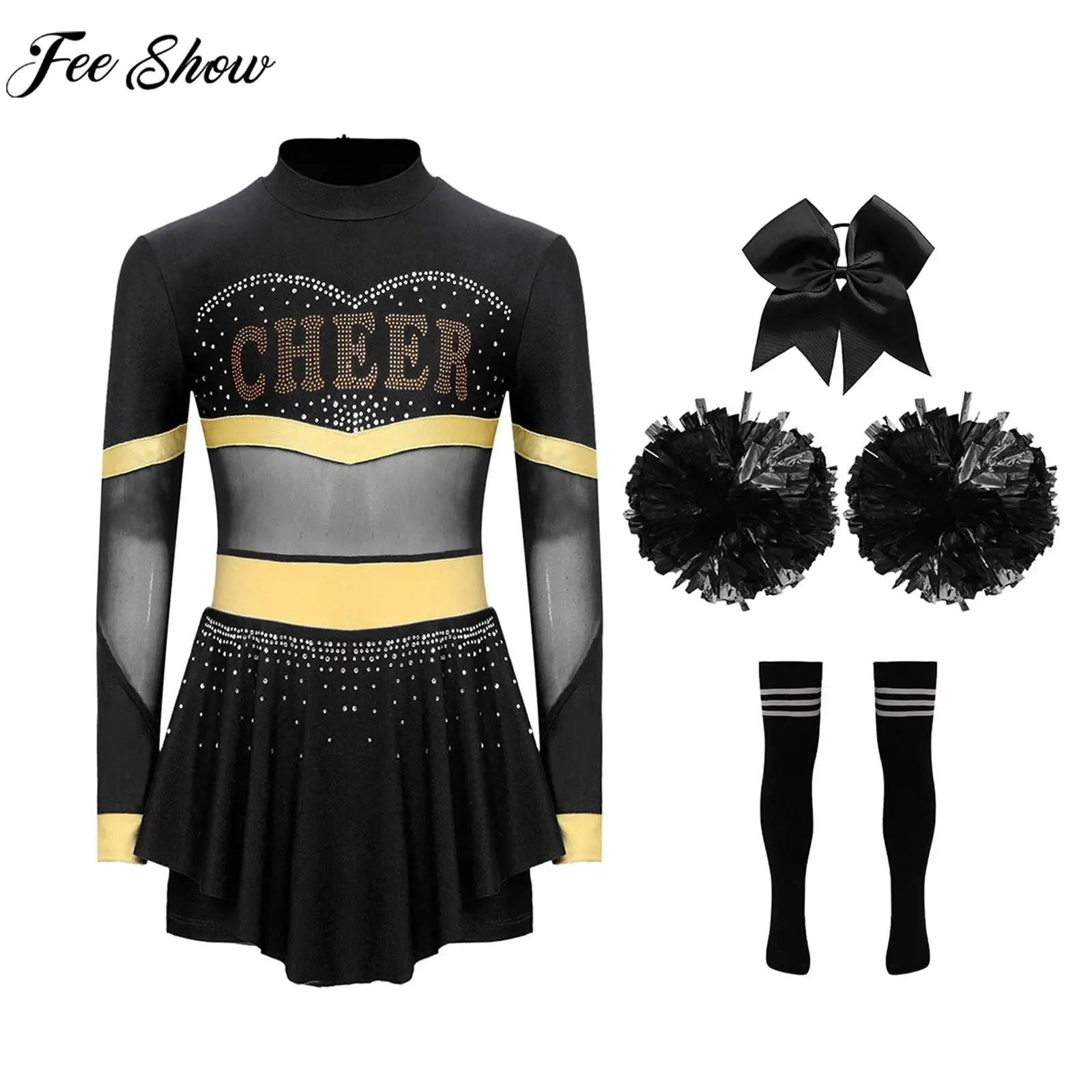 Kids Girls Cheerleading Dance Uniform Long Sleeve Diamonds Leotard Dress Cheer Costume Set for School Party Show Sports Meeting