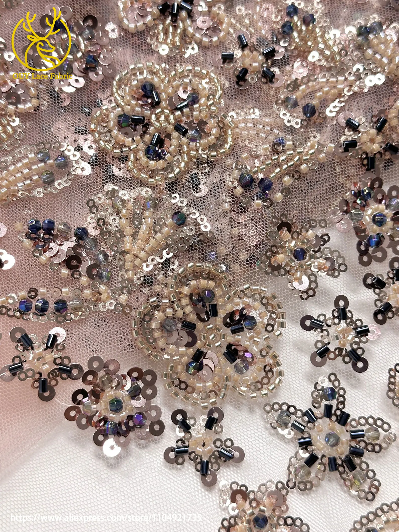 2026 Eleganter französischer Mesh-Spitzenstoff mit Perlen, hochwertiger afrikanischer nigerianischer Pailletten-Tüll-Spitzenstoff für Hochzeitskleider zum Nähen – Detail 16