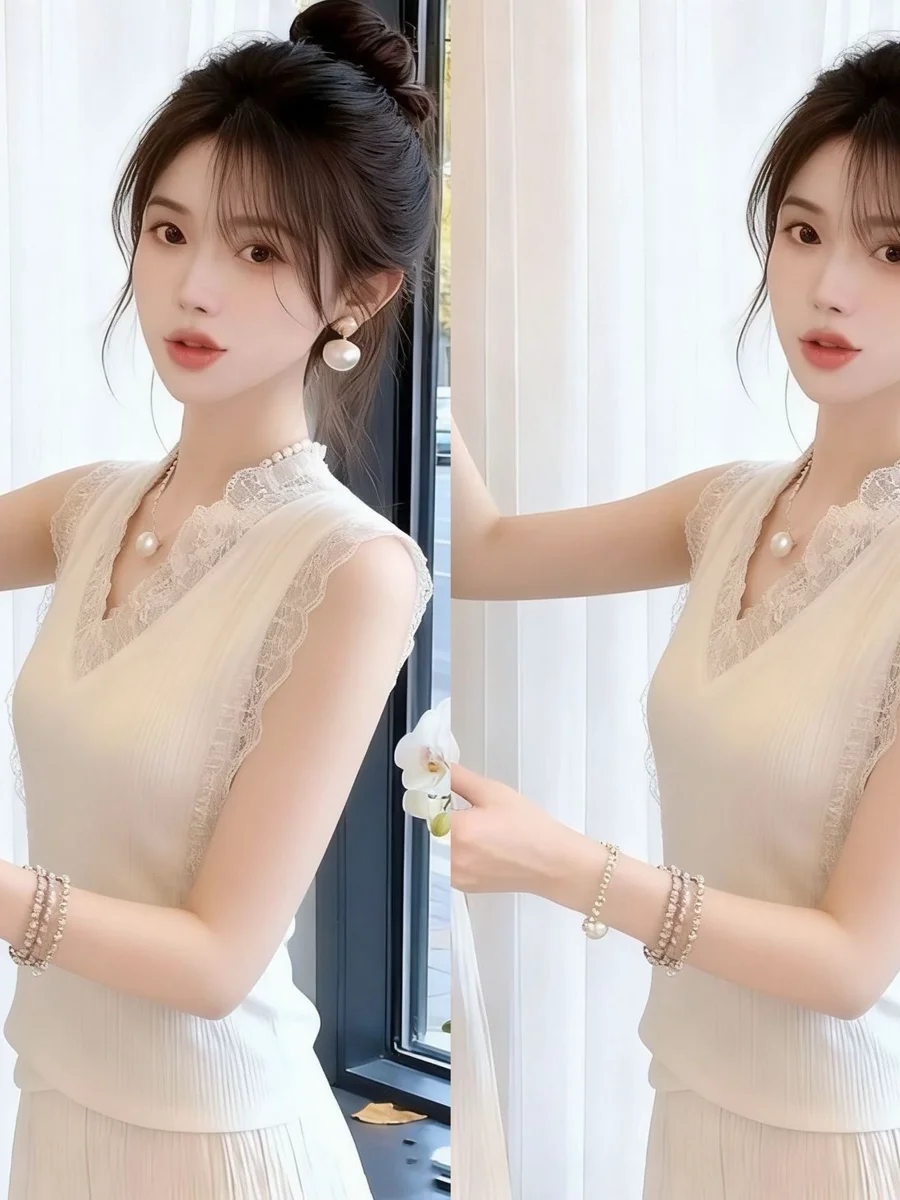 Summer New Style Women's Tank Top Lace Trim Sleeveless Fashionable Base Layer Short Cleanfit Design Two-Piece Set Versatile Top
