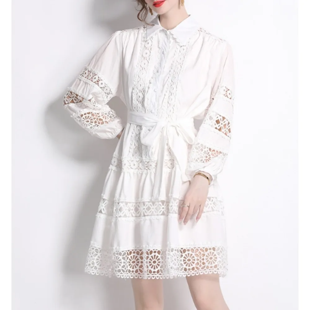 Abito estivo elegante con maniche a lanterna PATCHWORK in pizzo ritagliato retrò a-line abiti da donna per le vacanze con ricamo