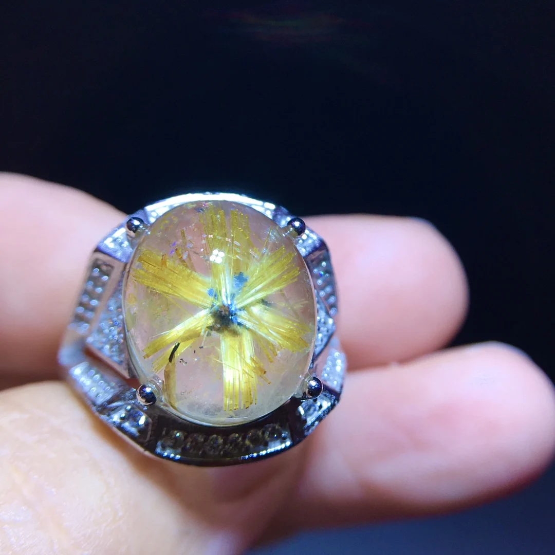 

Natural Gold Rutilated Quartz Adjustable Ring 13.3/11.7mm Flower Women 925 Silver Yellow Rutilated Beads AAAAAA