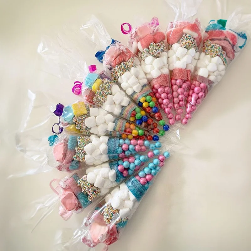 50 Stück klare Kegel-Süßigkeits-Aufbewahrungsbeutel, kegelförmige transparente Plastiktüten, Popcorn-Süßigkeitstüten für Babyparty, Hochzeit, Party,