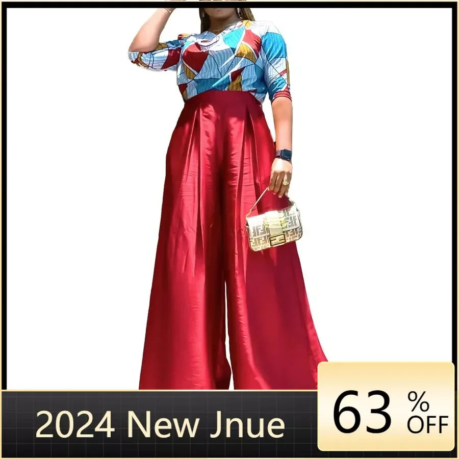 

Red Blue 2 Piece African Clothes for Women Summer Africa Half Sleeve Polyester Print Top Long Pant Matching Sets Africa Clothing