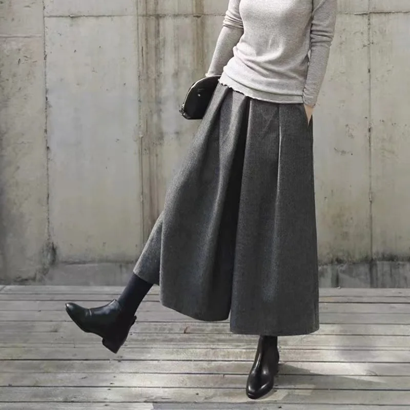 Celana kaki lebar wol wanita Y2k Street pinggang tinggi longgar mode Celana Wanita rok 2023 musim gugur musim dingin tebal celana panjang wanita