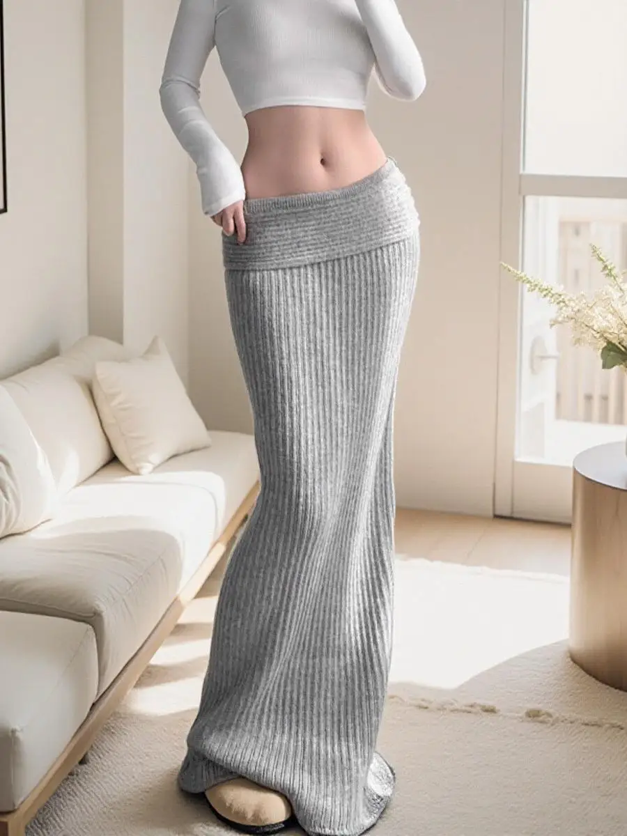 Plus Size plus Size Women's Knitted A-Line Floor-Length Skirt Grey Slimming Autumn Winter Woolen Half-length Gown for  Body Type