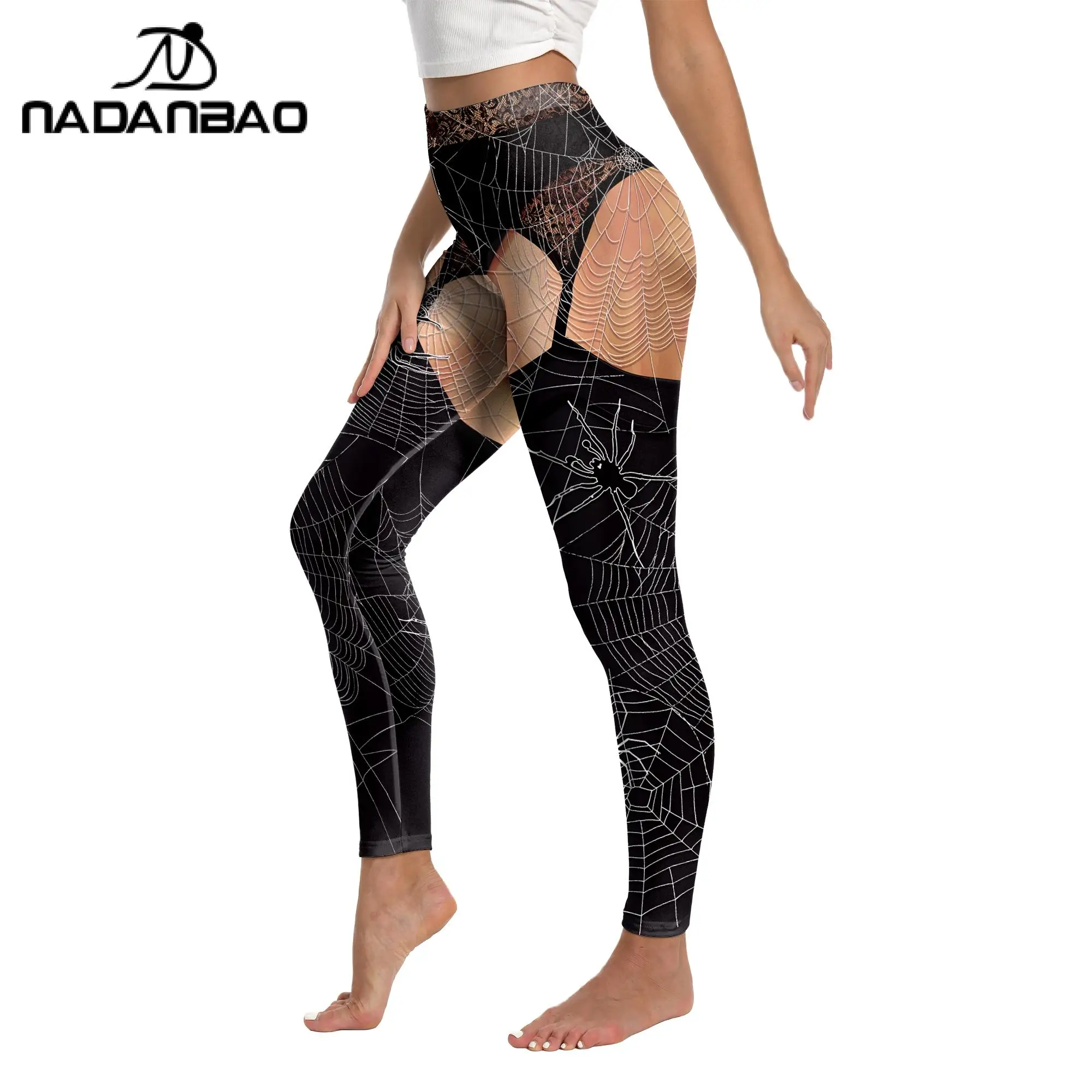 NADANBAO Halloween Spider Web Leggings per le donne collant Sexy Lady Yoga Workout Pants Party pantaloni Cosplay vita media Streetwear