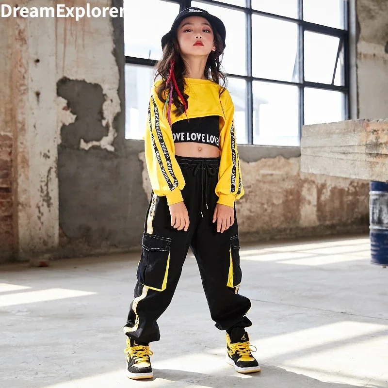 Hip Hop Girls Crop Top Contrast Street Dance Cargo Pants Children Sweatshirt Joggers Kids Streetwear Jazz Costumes Clothes Sets