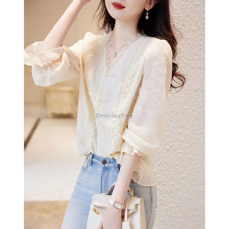 

2024 chinese beige long-sleeved v-neck button shirt women spring new elegant national style elegant tang suit qipao blouse b45