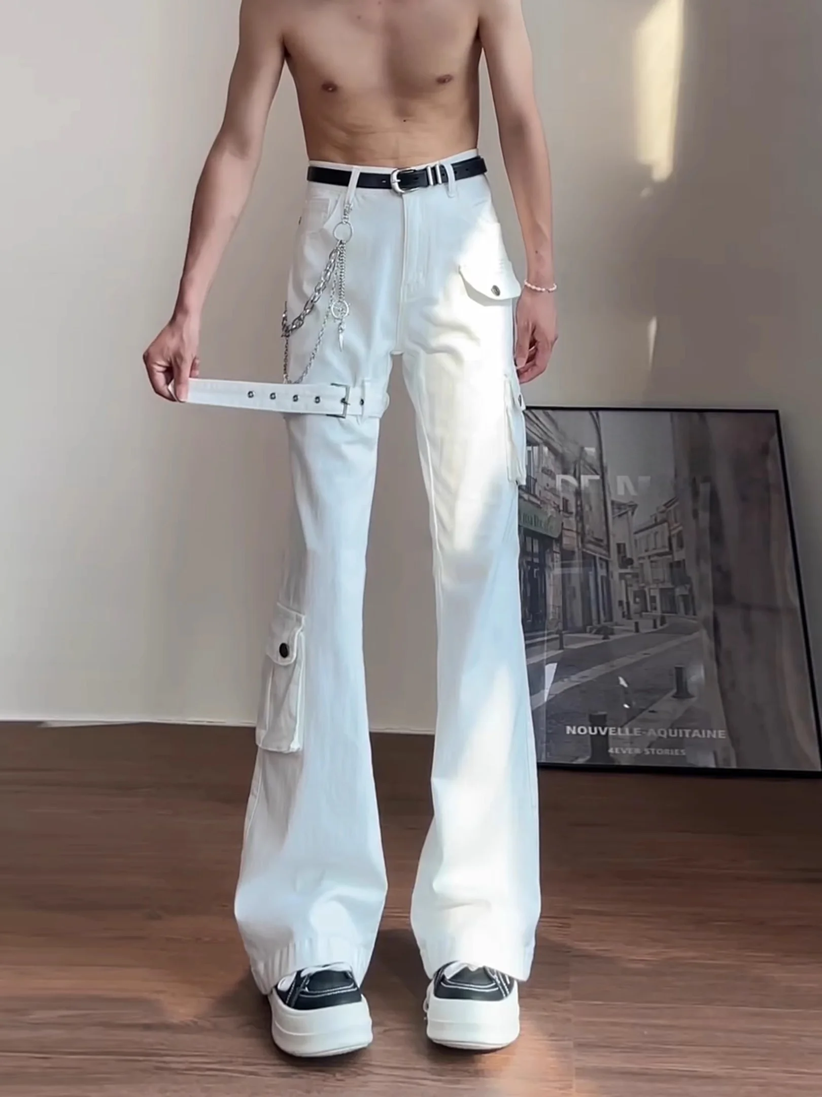 

White Bell Bot Workwear Jeans Men's Summer American High Street Vibe Trousers Extended Long Tall Slim Straight Leg Pants
