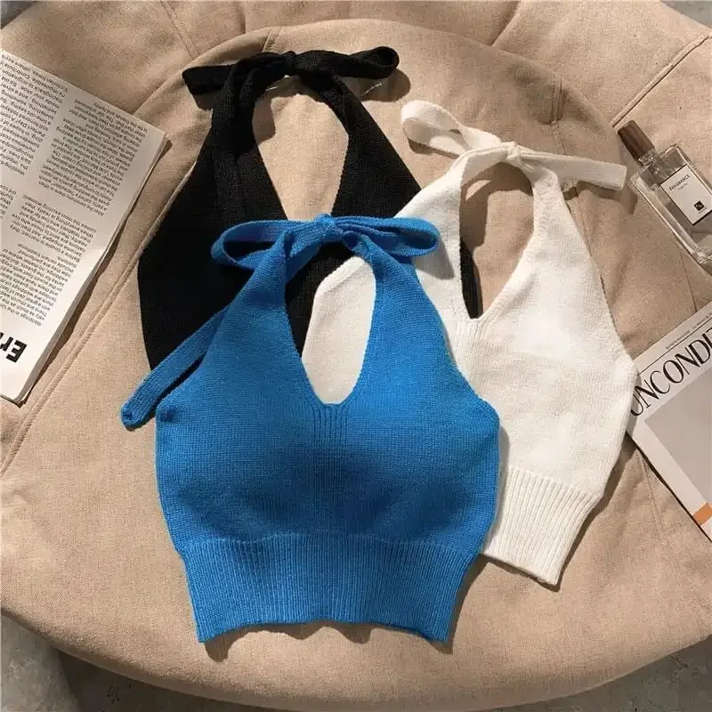 Knitted Small Camisole Women's Summer Underwear Base Layer Halterneck Wrap Breasts Sexy Ins Trendy Tops
