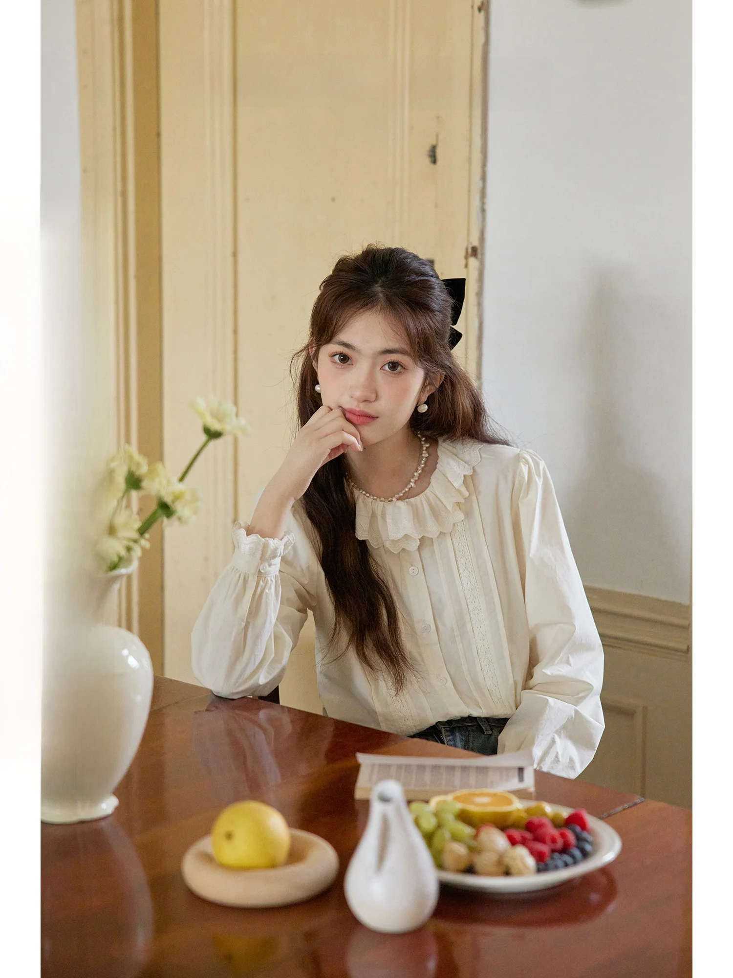 

ORWhite Cotton Long Sve Doll Collar Свободный крой irt Женский модный топ на пуговицах весна-осень однотонный топ