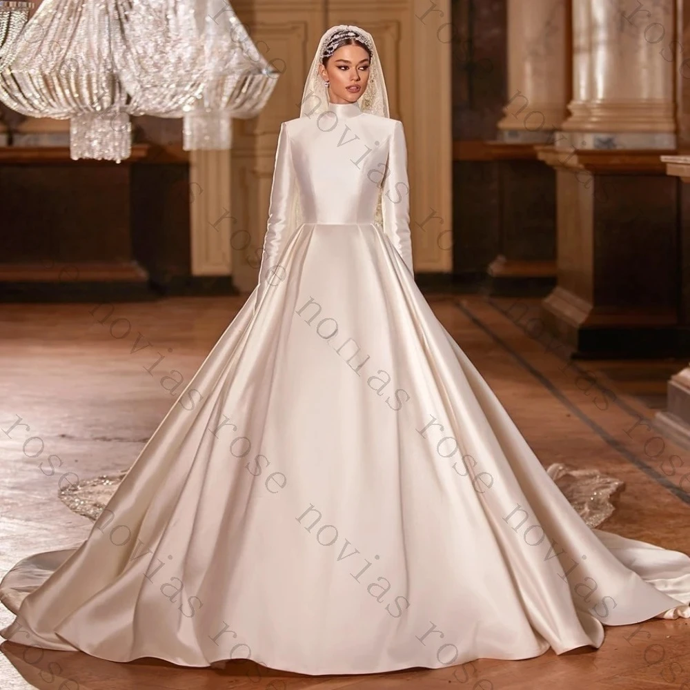 Customized High Necked Long Sleeved Satin Wedding Dress Creates An Elegant Look 2026 Popular Backless Fluffy Noble Bridal Gown