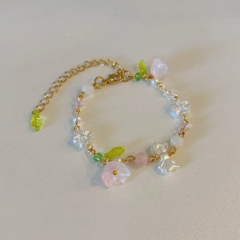 Handmade Y2k Lily of the Valley Bracelet Beaded Flower Fairycore Jewelry Set Gift Coquette Bracelet with Flower Charm Kawaii