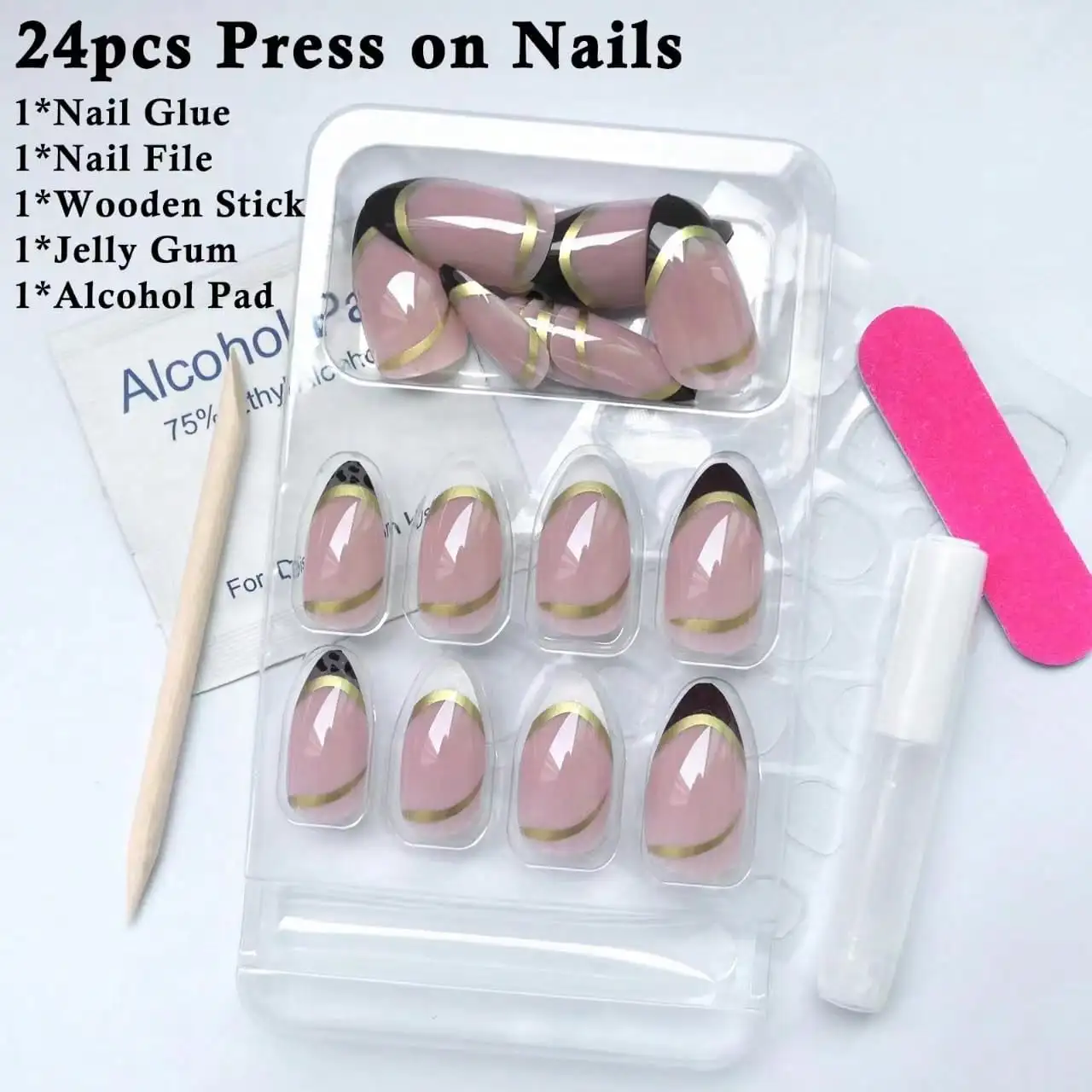 24pcs Almond False Nails French Tip Press On Nails Metallic Gold Lines Abstract Leopard Print Glossy Full Cover Acrylic Fake Nails Elegant DIY Manicure Kit For Women