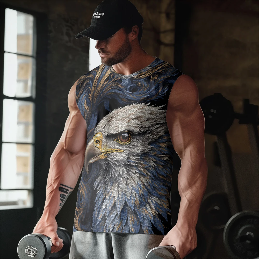 Pixel Art Starry Night Eagle Men Tank Tops Summer Gym Sleeveless Bodybuilding Breathable Training Vest Muscle Fitness Clothing