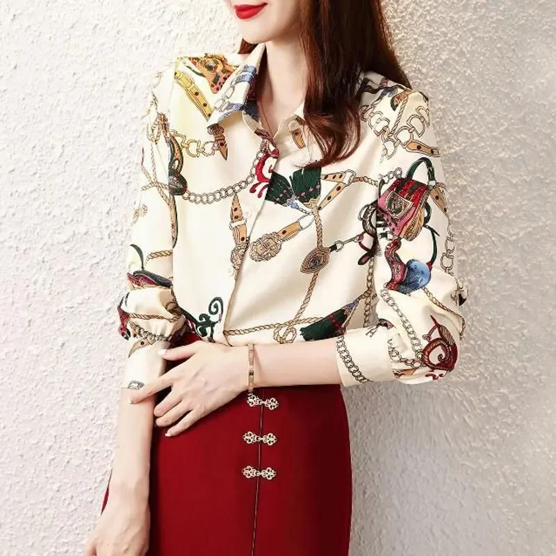 

Casual Printed Chiffon Blouse Spring Autumn Polo-Neck Fashion Single-breasted Women's Clothing Loose Patchwork Long Sleeve Shirt