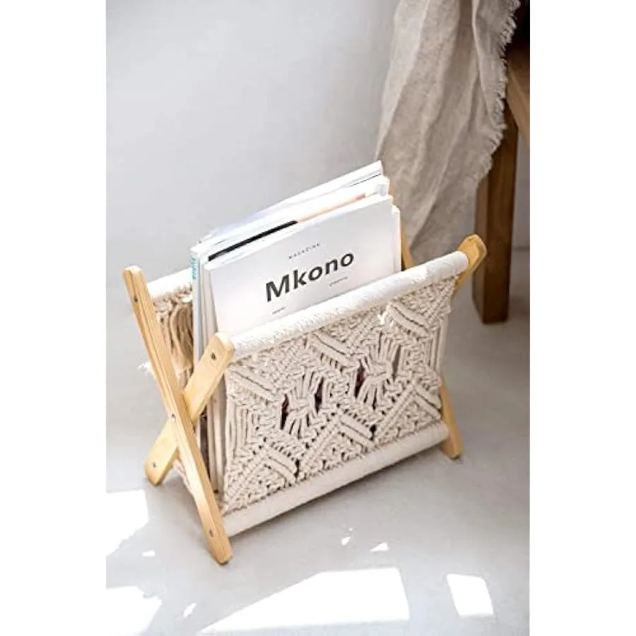 Mkono Macrame Magazine Rack and Macrame Laundry Basket Nursery Storage Bin Organizer Boho Decor for Bedroom Livingroom Dorm