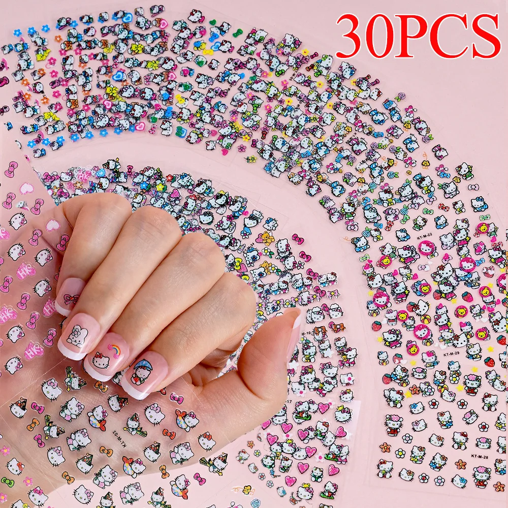 

30pcs Hello Kitty Mini Glitter Nail Stickers 3D Sanrio Cartoon Love Bow Flower Kids Nail Art Decals Set Kawaii Anime Sticker Dec