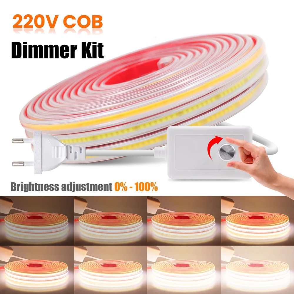 220V Switch Dimmer COB LED Strip Light Power Kit Dimmable 288LEDs 3000K 4000K 6000K Flexible Adhesive Tape RA90 Linear Lighting