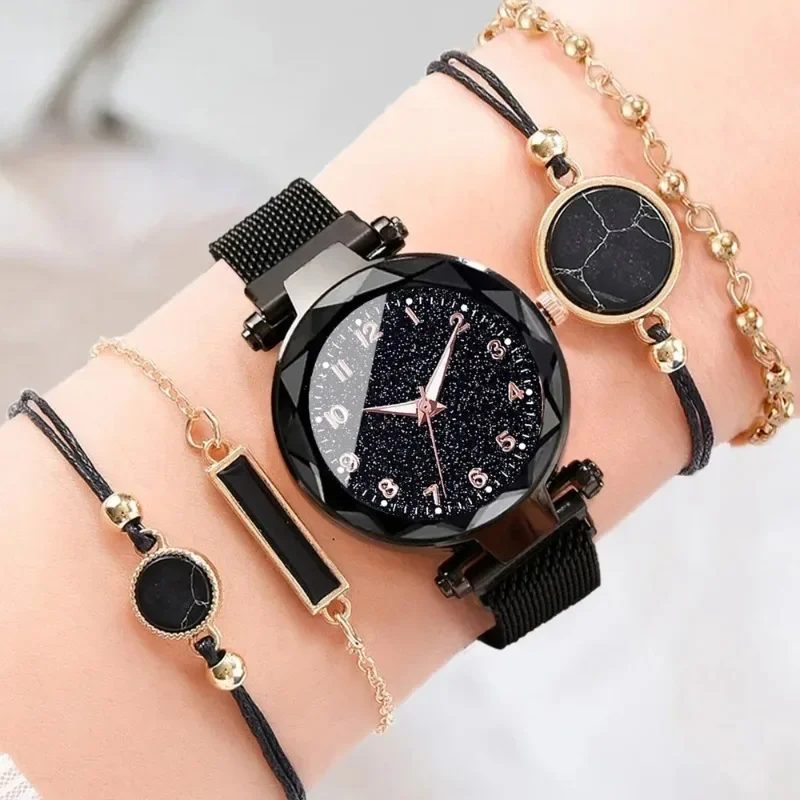 Ladies Starry Sky Round Dial Quartz Wristwatches 5pcs Set Women Fashion Casual Mesh Belt Watches Simple Dress Clock Girls Gift