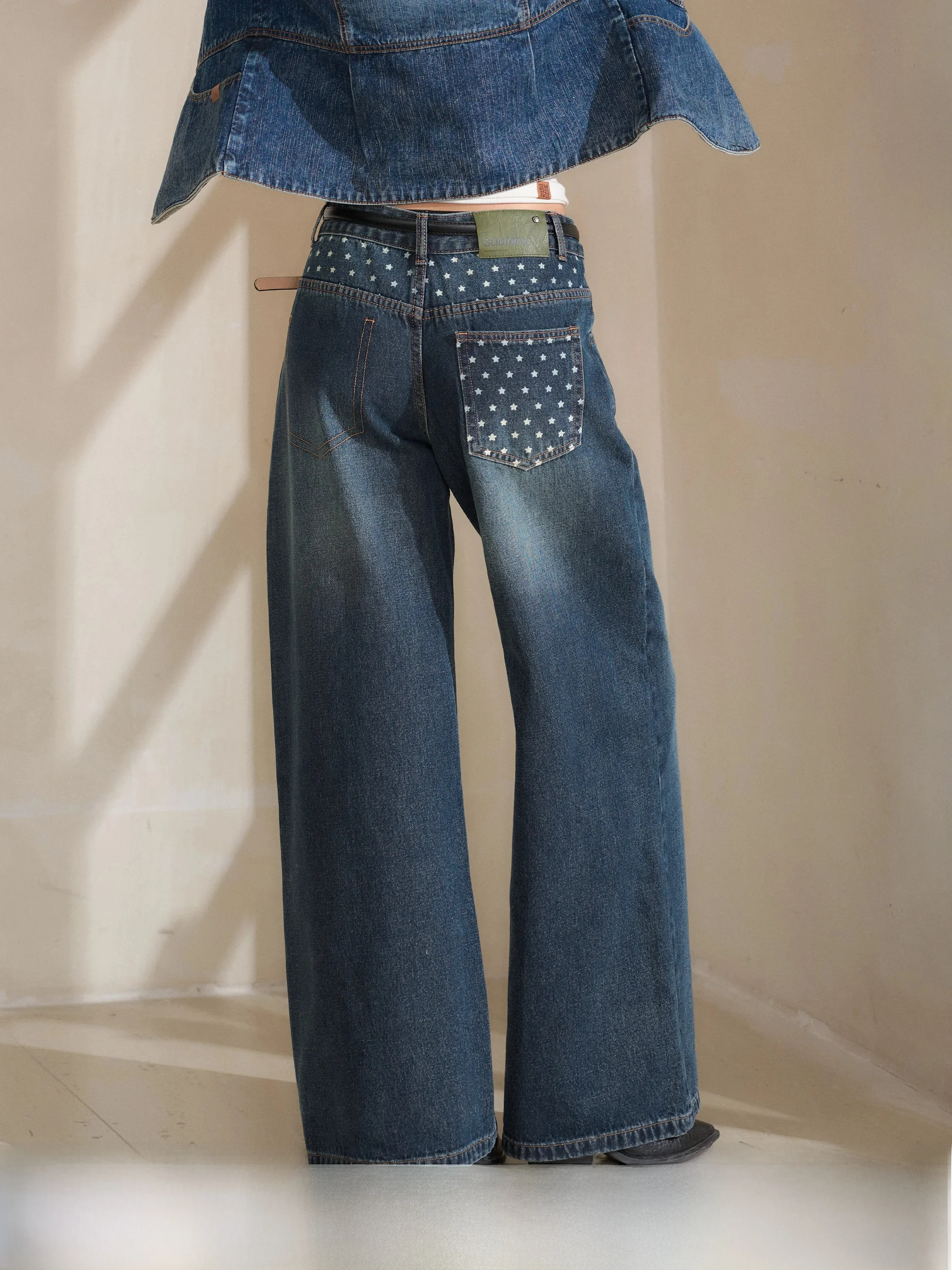 Saotome Vintage Washed Straight Leg Jeans Women's Retro Print Back Slimming Hip Enhancing Denim Pants Cotton Natural Waist
