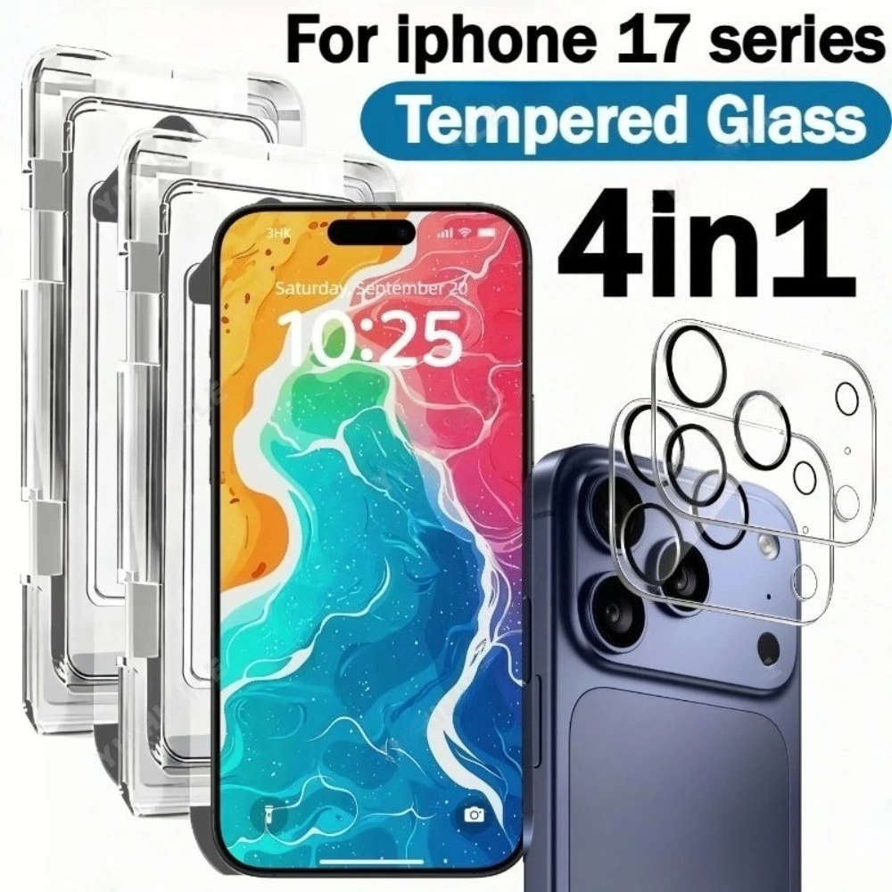 

2 шт. ультрапрозрачных защитных стекол для экрана iPhone 17, 16, 15, 14 Pro Max, Air 16, 15 Plus, 13, 12, 11 Pro, Mini и 2 шт. HD стекол для объектива камеры
