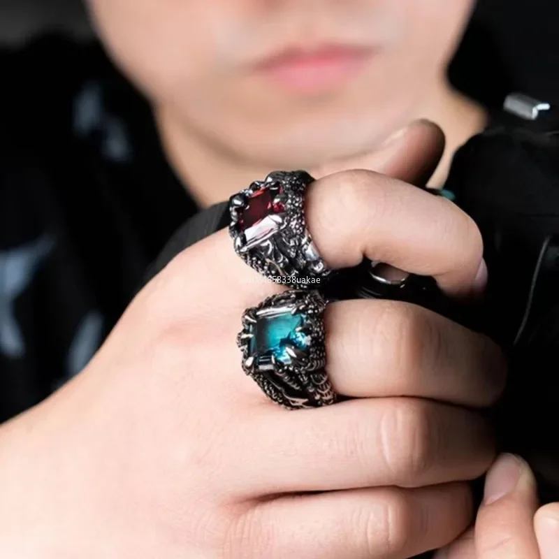 1Pc Gothic Blue and Red Crystal Evil Demon Dragon Claw Ring for Men Gram Biker Punk Rock Hip Hop Cool Jewelry Accessories кольца