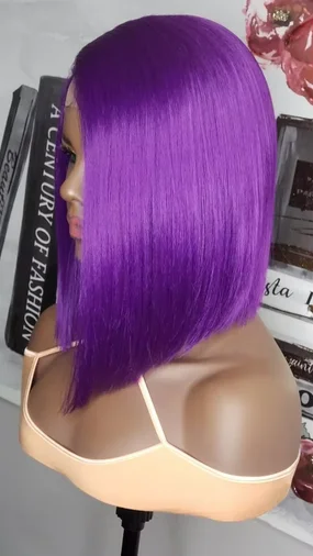 Peluca corta y recta con encaje frontal para mujer, pelo morado, moda