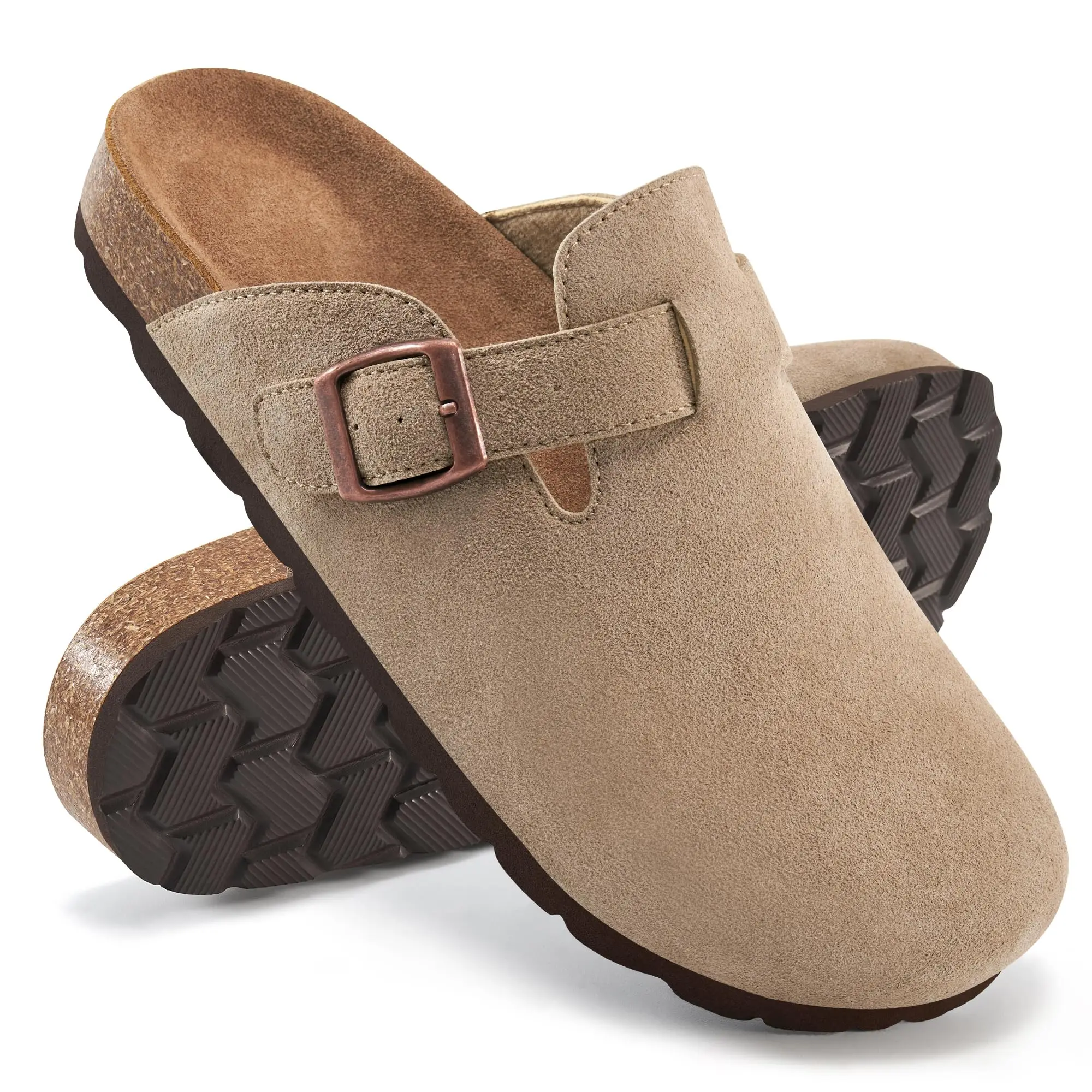 Bebealy sabots de semelle en liège pour femmes Mules en daim de vache avec soutien de la voûte plantaire mode sans lacet hommes chaussures de pomme de terre véritable dames sabots chaussures 1
