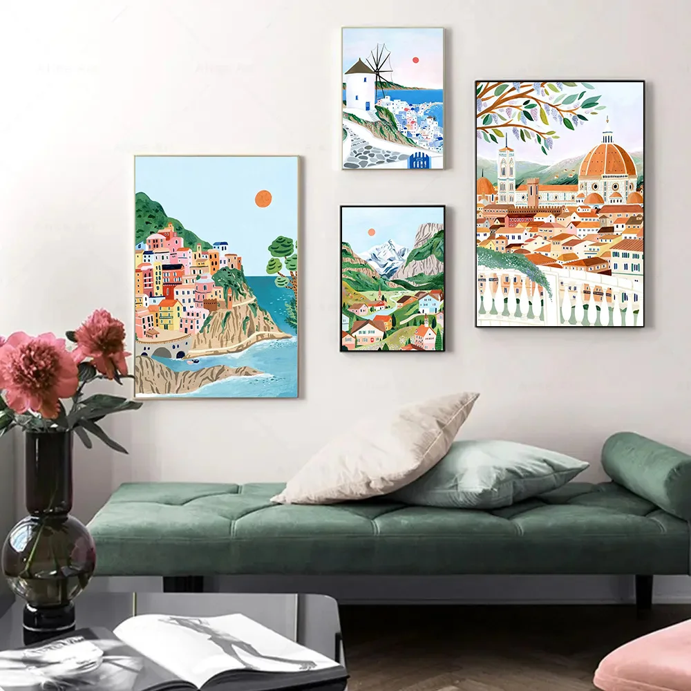 

World Travel City Poster Landscape Greece Italy Florence Paris France Canvas Print Painting Wall Art Living Room Home Decorative
