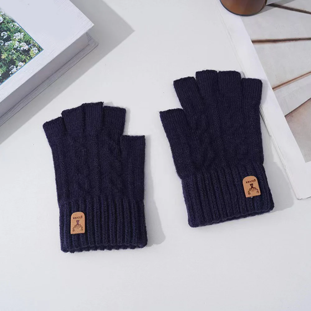 Winter Gloves For Men Half Finger Writting Office Cycling Knitted Gloves Student Acrylic Fiber Warm Thick Elastic Driving Gloves